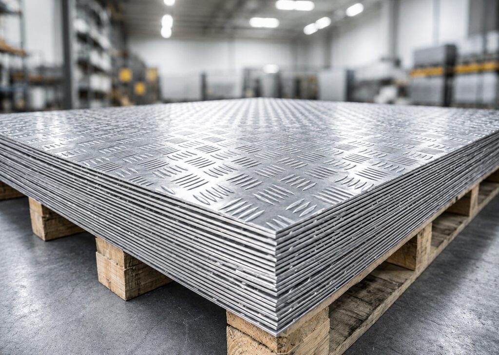 Stock de láminas de aluminio labrado para pisos industriales, almacenadas en estanterías metálicas de centro de distribución.
