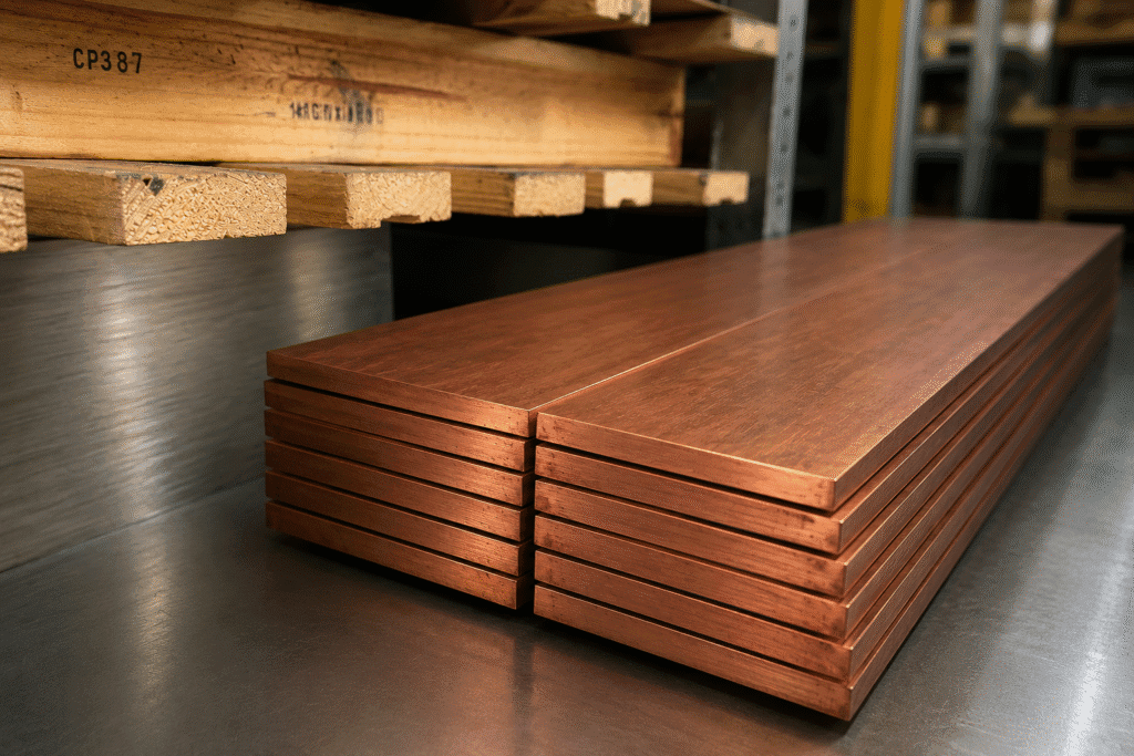 Stock de planchuelas de cobre disponibles para industria eléctrica, metalúrgica y fabricación de piezas especiales