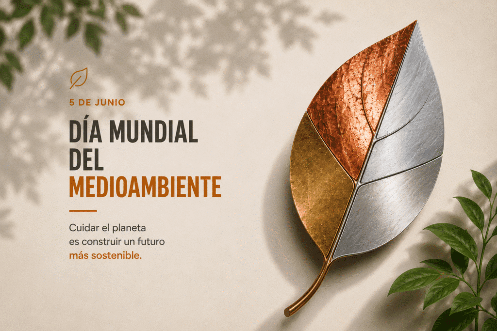 Día Mundial del Medio Ambiente: hoja de metales reciclables simbolizando sostenibilidad, reciclaje industrial y cuidado ambiental.