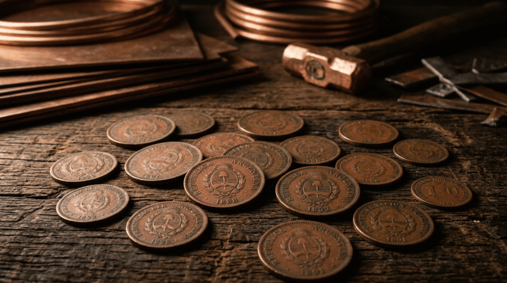 Monedas antiguas de cobre de Argentina sobre una superficie de madera rústica, con chapas y tubos de cobre al fondo en un ambiente industrial.