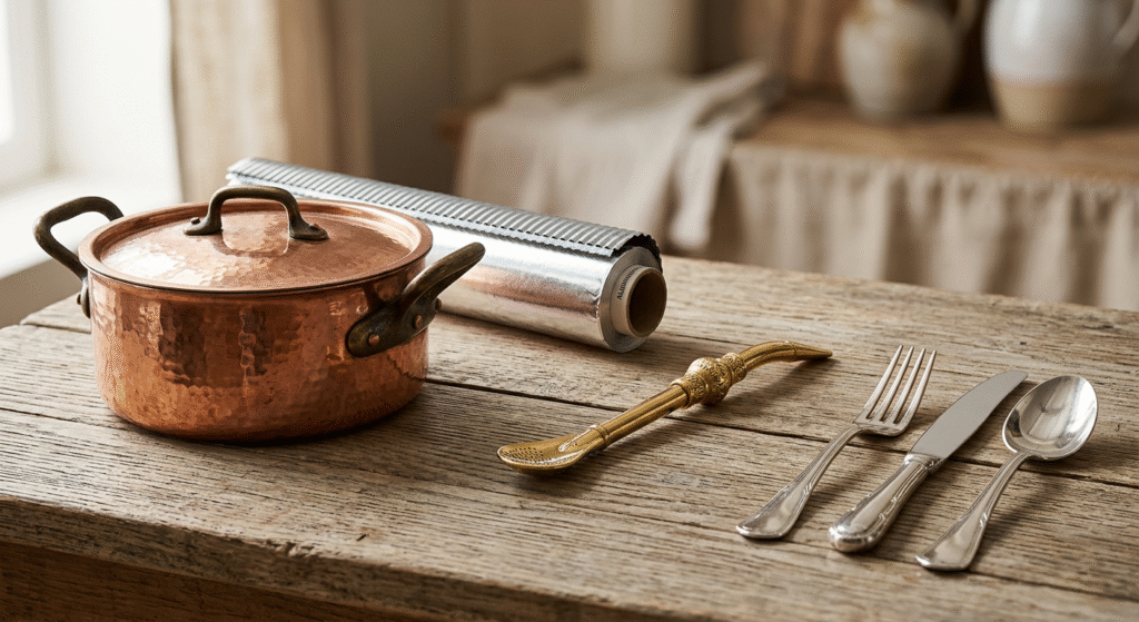 Olla de cobre, foil de aluminio, bombilla de latón y cubiertos de alpaca sobre mesa de madera — metales no ferrosos en la industria alimentaria